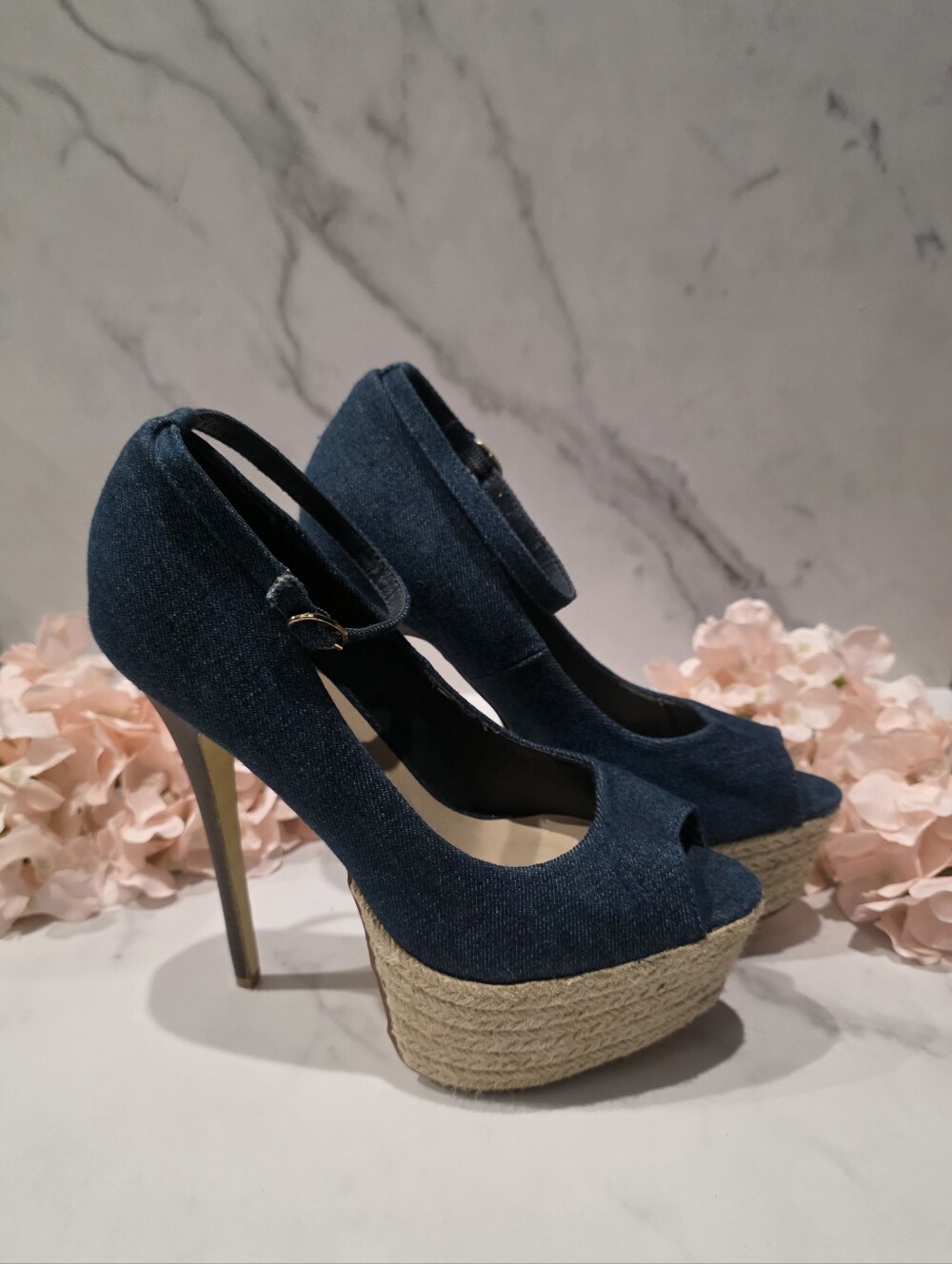 Shoe Dazzle - Blue Denim Peep-Toe Ankle Strap Wedges
